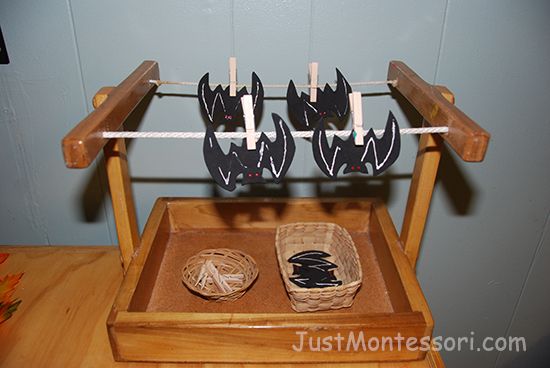 two bats are hanging on clothes pins in a wooden box