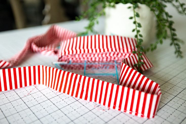 red and white striped ribbon sitting on top of a table next to a potted plant