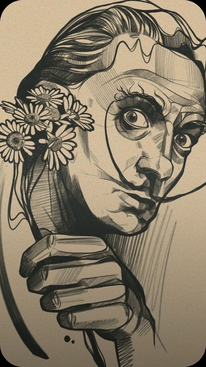 a drawing of a woman holding a flower in her hand