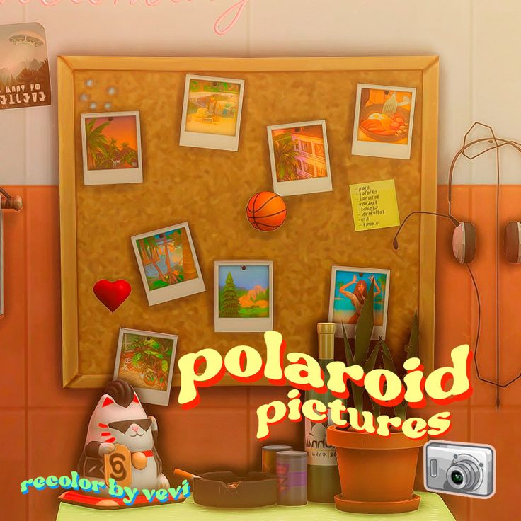 there is an image of polaroid pictures on the wall in this room with other objects