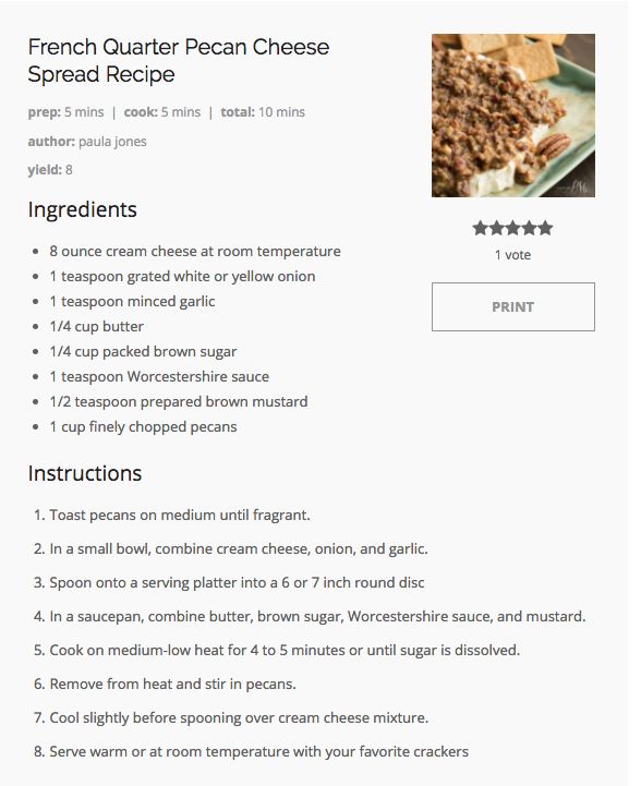 the recipe for french quarter pecan cheese is shown on this page, and it includes instructions