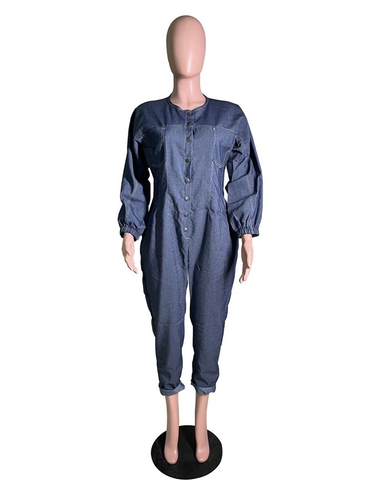 Long Sleeve Pocket Button Loose Denim Jumpsuit Denim Blue Overall Jumpsuit With Button Closure, Medium Wash Button-up Denim Jumpsuit With Buttoned Pockets, Medium Wash Denim Button-up Jumpsuit With Buttoned Pockets, Medium Wash Denim Jumpsuit With Buttoned Pockets, Dark Wash Button-up Jumpsuits And Rompers, Denim Blue Buttoned Overall Jumpsuit, Utility Style Jumpsuits And Rompers With Buttons For Fall, Utility Style Button-up Denim Jumpsuit, Fall Overalls With Buttons