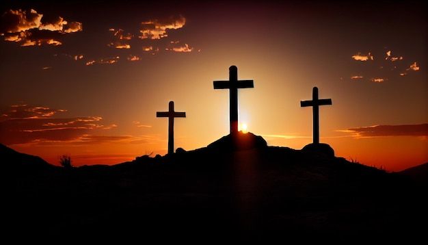 three crosses are silhouetted against the setting sun on a hill with mountains in the background