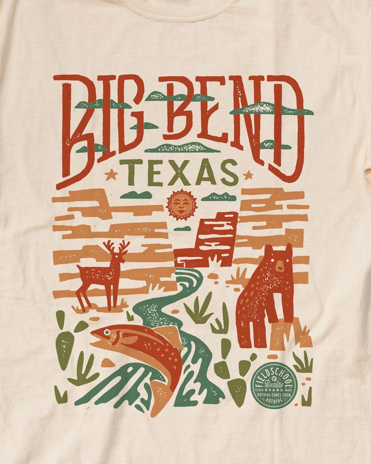 Big Bend is one of the most naturally beautiful places in the great state of Texas, so of course we had to put it on a shirt! The southwestern colors of the landscape and stunning views of both mountains and deserts inspired this design. Whether you’re camping, hiking, or just relaxing, this is the shirt for you! Made for everybody Vintage-washed and garment-dyed for a retro look and heavy feel 100% ring-spun heavy cotton for a super soft, comfortable feel that's gentle on skin No-shrink comfort and double-needle stitching for a dependable fit and lasting quality Classic crew style with a ribbed, lay-flat collar and shoulder-to-shoulder taping Made with quality cotton sourced from American farms Constructed by Hanes Comfort Wash. Vintage Camp Tee, One Color Tshirt Designs, Summer Camp Vintage, Event Shirt Design, Vintage T-shirt, Mountain Tshirt Design, Nature Shirt Design, Mountain Shirt Design, Camp Tshirt Designs