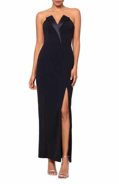 Eliza J Embellished High/Low Chiffon Dress | Nordstrom Strapless Black Tie Dress, Strapless Evening Gowns, High Low Gown, Two Piece Gown, Black Attire, Dress With Pleats, Satin Evening Dresses, Evening Dresses With Sleeves, Interactive Stories