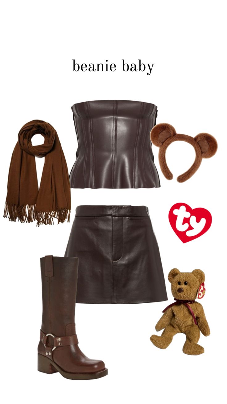 a woman's outfit with boots, scarf and teddy bear on the bottom is shown