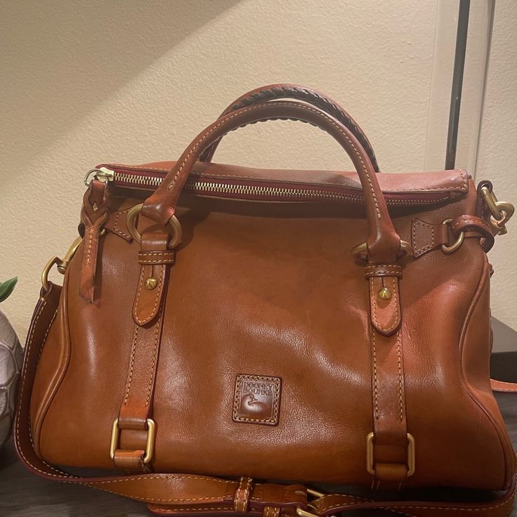 Dooney & Bourke Florentine Authentic Satchel Brown Leather Barely Used Great Condition And Handles In Great Condition! Dooney And Bourke, Dooney & Bourke Bags, Dooney & Bourke, Dooney Bourke, Size 13, Brown Leather, Satchel, Handles, Bag Lady