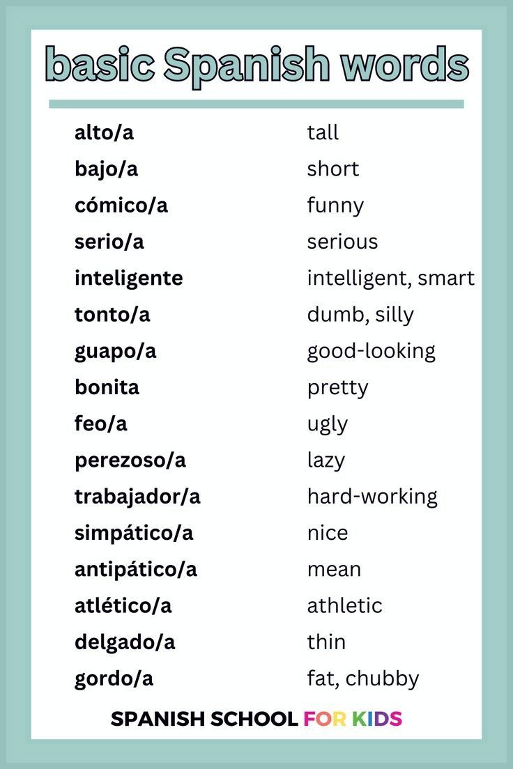 the basic spanish words list for kids to use in their language class, including english and spanish