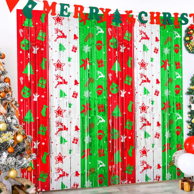 PRICES MAY VARY. Product: Christmas Pattern Ugly Sweater Photo Booth Backdrop, Christmas Foil Fringe Curtain, Color: Red Silver Green, Size : (width x drop) 3.3 x 6.6 ft each, APPLICATIONS: live streamer backdrop, broadcast streamer backdrop, Ugly Sweater party photo backdrop, stage backdrop, disco backdrop, bar backdrop decoration, etc. PREMIUM TINSEL MATERIAL: Our Christmas pattern foil fringe curtain is made of tinsel with a shiny surface and lightweight and durable metallic fringe curtains. They are good toughness, unbreakable, and can use for a long time. EASY TO APPLY: Tear off double-sided adhesive tape, then paste the fringe curtain on the top of your desired location, suitable for the doorway, window, wall, living room, and stage background decorations. CHRISTMAS PARTY PHOTO BACKD Fringe Photo Backdrop, Friendsmas Party, Christmas Photo Booth Props, Christmas Window Lights, Fringe Curtains, Green Tinsel, Photo Backdrop Christmas, Christmas Party Photo, Streamer Backdrop