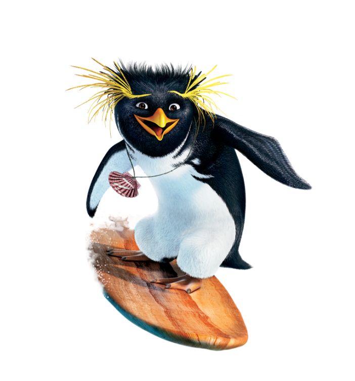 a penguin is standing on top of a surfboard and holding an object in his hand