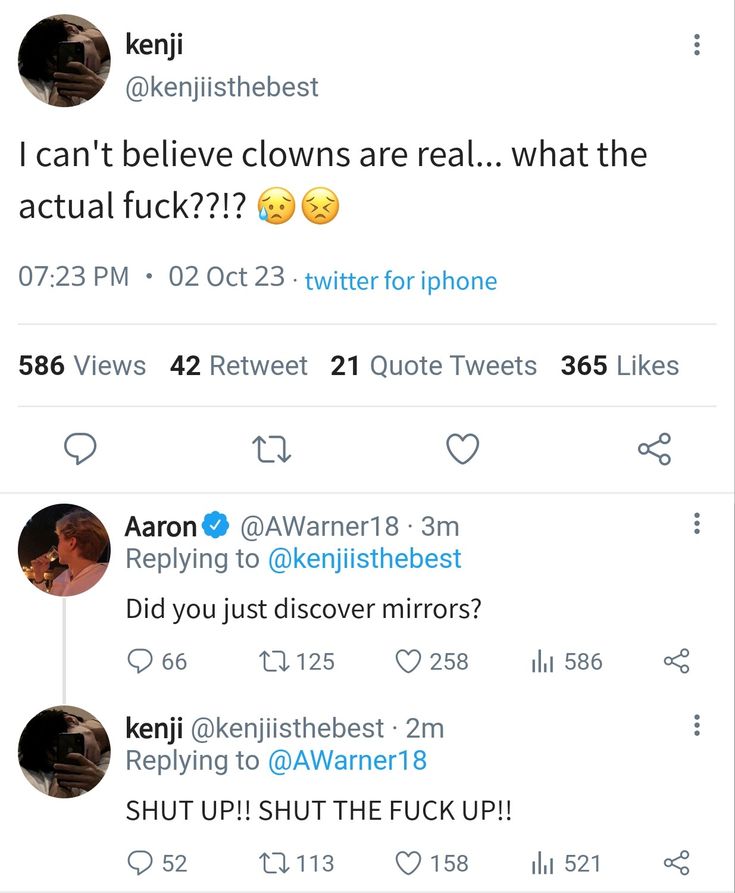 two tweets on twitter with one saying i can't believe clowns are real