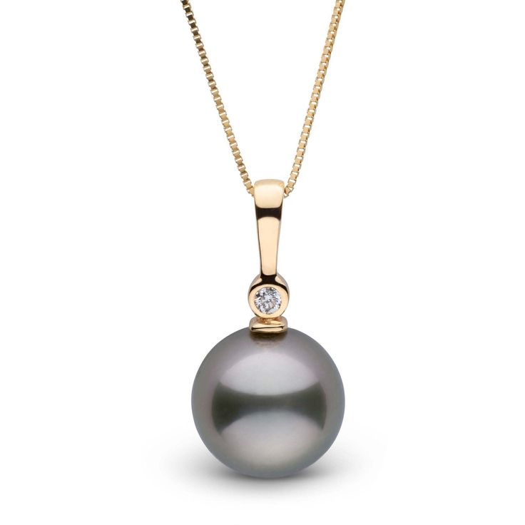 This lovely pendant combines the beauty of a single, perfect Tahitian pearl with a single diamond of fine, VS1-G quality. The diamond accent adds just the right amount sparkle, creating a truly gorgeous pendant. We hand-make this pendant in-house to our own exacting specifications, choosing a flawless 10.0-11.0 mm Tahitian pearl to complement the setting. For decades our buying team has been making regular trips to French Polynesia to source these fine, exotic pearls. Because we personally impor Pearl Necklace Designs, Jewelry Appraisal, Gold Box, Bezel Set Diamond, Cz Jewelry, French Polynesia, Pearl Types, Pearl Set, Tahitian Pearls