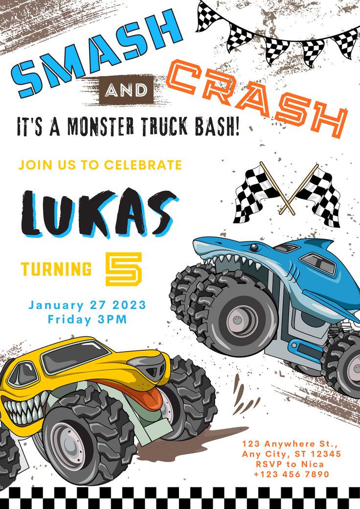 an image of a monster truck bash birthday party card with the words, smash and crash it's a monster truck bash