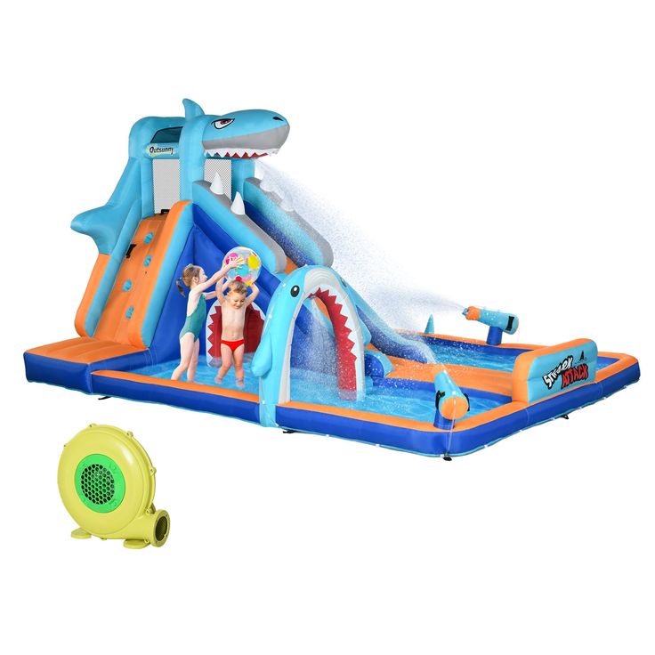 an inflatable water slide with a blow up shark