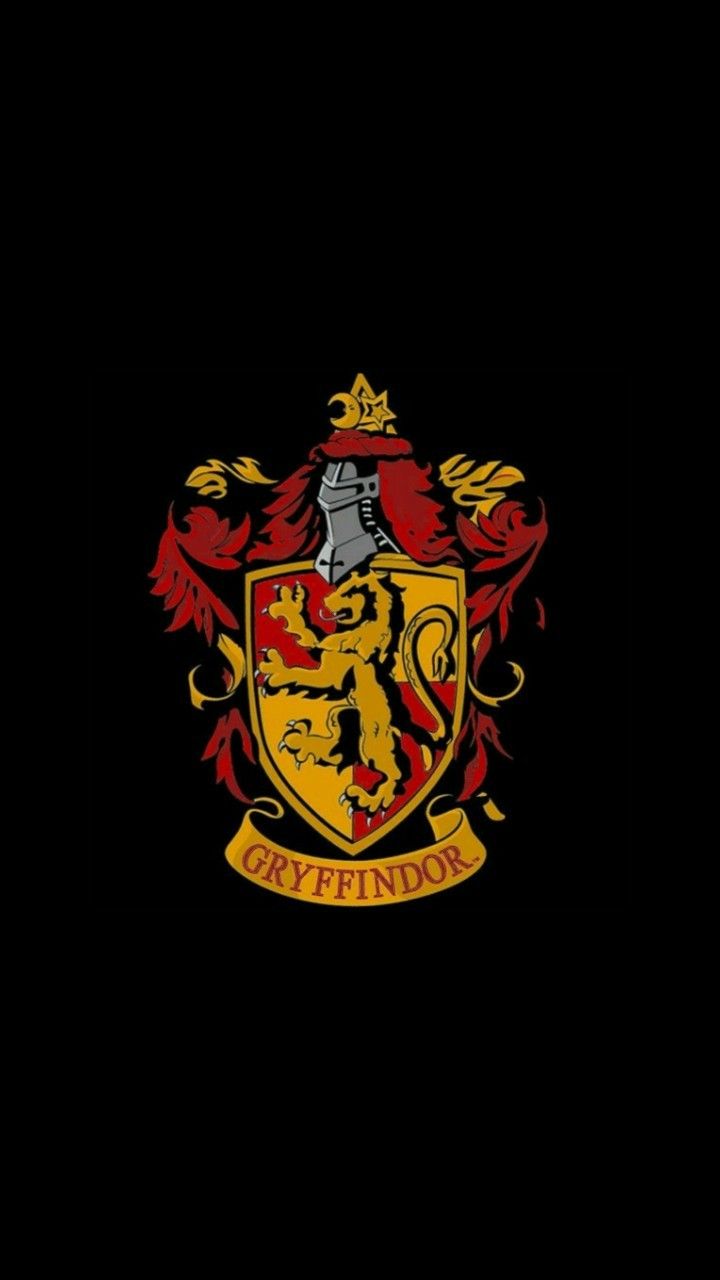 the hogwarts crest is shown in red and yellow on a black background,