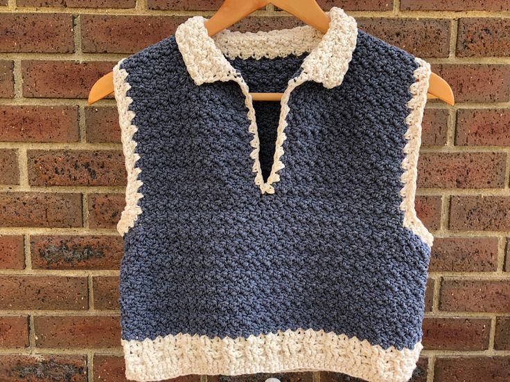 Crochet   vest, blue body with cream ribbing around body, arm cuffs, and v- neck with collar. Worked in dc crochet in a cotton yarn. Super soft to touch and wear. Crochet Vest Patterns, Crochet Cardigan For Beginners, Oversized Cardigan Pattern, Crochet A Vest, Vest With Collar, Light Blue Vest, Crochet Studio, Vest Patterns, Vest Crochet