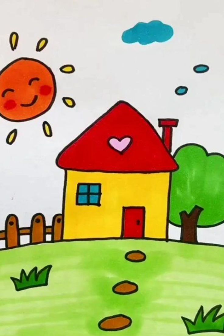 a child's drawing of a house on a hill with trees and sun in the background