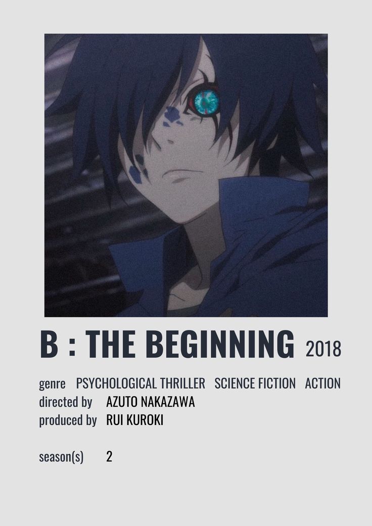 the poster for b - the beginning shows an anime character with blue hair and green eyes