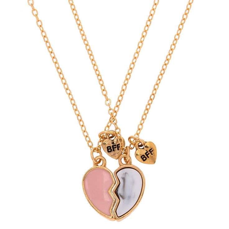 You and your best friend can finally show off your awesome friendship with this pair of necklaces! This set of best friend necklaces includes a light pink and a marble half heart. Finish: Gold-tone Length: 16" Closure: Lobster clasp Pack Size: 2 Material: Metal - Claire's Best Friends Broken Heart Pendant Necklaces - Pink, 2 Pack Personalized Pink Necklaces For Best Friend Gift, Double Heart Charm Necklace For Friendship, Adjustable Heart Pendant Charm Necklace For Best Friend, Trendy Pink Charm Necklace For Friendship, Personalized Pink Necklaces For Friendship, Personalized Pink Necklace For Friendship, Trendy Friendship Necklace For Valentine's Day, Adjustable Heart Pendant Necklace For Best Friend, Heart Pendant Necklace For Best Friend