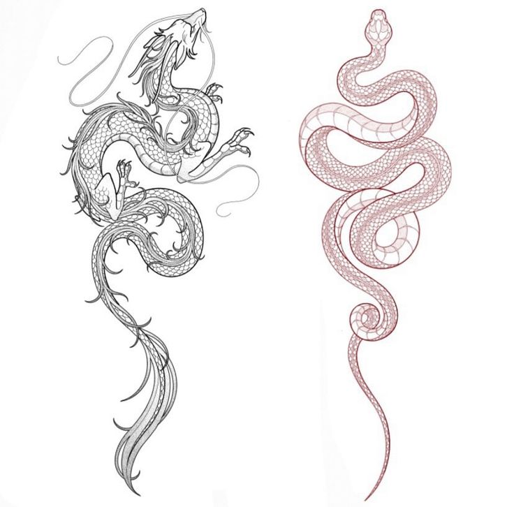 two dragon tattoos on white paper with red and black ink, one in the shape of a