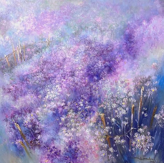 an oil painting of purple flowers on a blue background