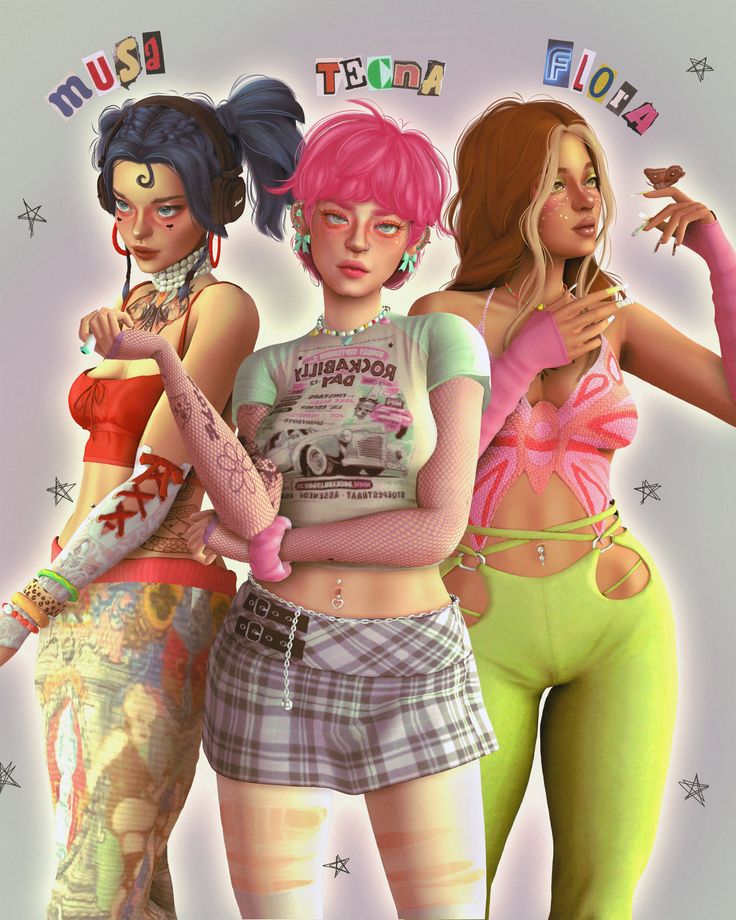 three girls with tattoos on their arms are standing next to each other and one has her hand in her pocket