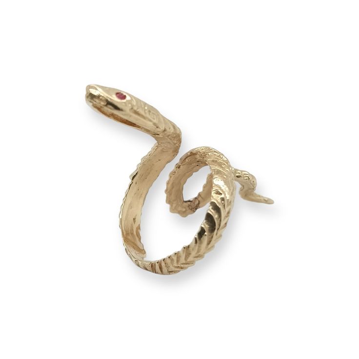 Slither is Designed and handcrafted by Heirloom Pavé. This Serpent ring is crafted in 14k yellow gold. The eyes hold approx. .03ct Red Rubies. This Snake sleekly wraps around the whole finger and continues the designed texture all the way around. It is a nice and weighty ring, at 7.27 grams of 14K yellow gold. The long shape really elongated the fingers. Size 7. This ring has been inspected for authenticity by a Certified Gemologist & Master Jeweler. FOLLOW US TO SEE MORE PHOTOS OF OUR JEWELRY O 14k Gold Snake Ring, Luxury 14k Gold Snake Ring, Luxury Hallmarked Gold Snake Ring, 14k Gold Snake-shaped Ring, Unique Gold Snake-shaped Rings, Luxury Antique Yellow Gold Snake Ring, Antique Hallmarked Snake Ring, Serpent Jewelry, Antique Gold Snake-shaped Jewelry