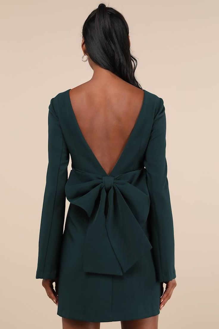 Emerald Long Sleeve Dress - Bow Dress - Backless Mini Dress - Lulus Elegant Spring Backless Dress With Bow Tie Back, Chic Stretch Dresses With Tie Back, Elegant Mini Dress With Bow Tie Back For Brunch, Chic Green Backless Midi Dress, Elegant Backless Dress With Bow Tie Back For Party, Elegant Stretch Midi Dress With Tie Back, Chic Stretch Midi Dress With Tie Back, Chic Green Fitted Backless Dress, Chic Fitted Green Backless Dress