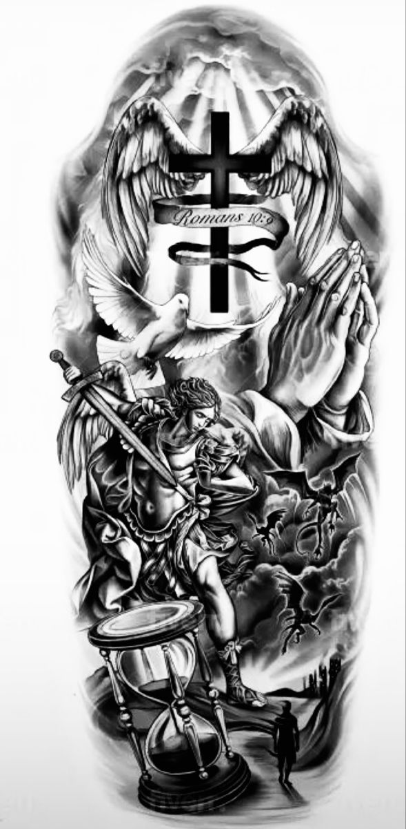 a black and white tattoo with an image of a person holding a cross on it