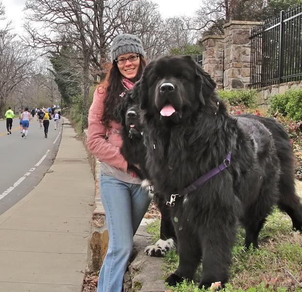 a woman standing next to a large black dog on the side of a road with people running in the background