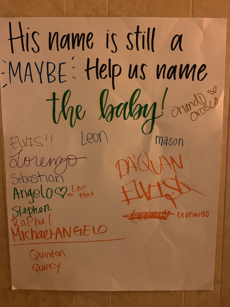 a sign posted on the side of a wall in a public restroom that reads, his name is still a maybe help us name the baby