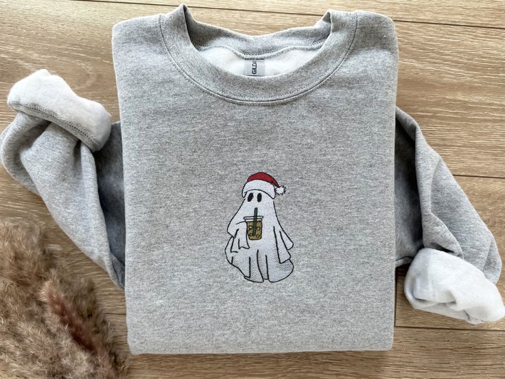 Embroidered Sweaters, Ghost Sweater, Christmas Ghost, Cool Autumn, Coffee Sweater, Holiday Apparel, Embroidered Christmas, Friendly Ghost, Autumn Days