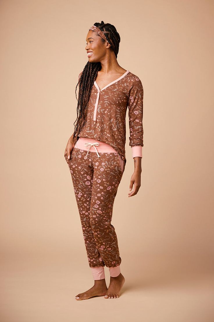 Welcome to the pajamas of your dreams. The Henley Harem set is the perfect pair of pajamas combining style and comfort to keep you looking and feeling great in bed and out. This set comes with a v-neck long sleeve style henley top, harem pants with tapered ankle cuffs, pockets, an adjustable drawstring waistband, and a matching headband. Made from our signature ultra-soft and moisture-wicking fabric blend. Made in Canada. Ultra-soft 93% Viscose from Bamboo / 7% Spandex. XS (0-2), S (0/2-4/6), M Flower Brown, Bamboo Pajamas, Pre Pregnancy, Matching Headband, Henley Top, Ankle Cuffs, Drawstring Waistband, Natural Fabrics, Moisture Wicking Fabric