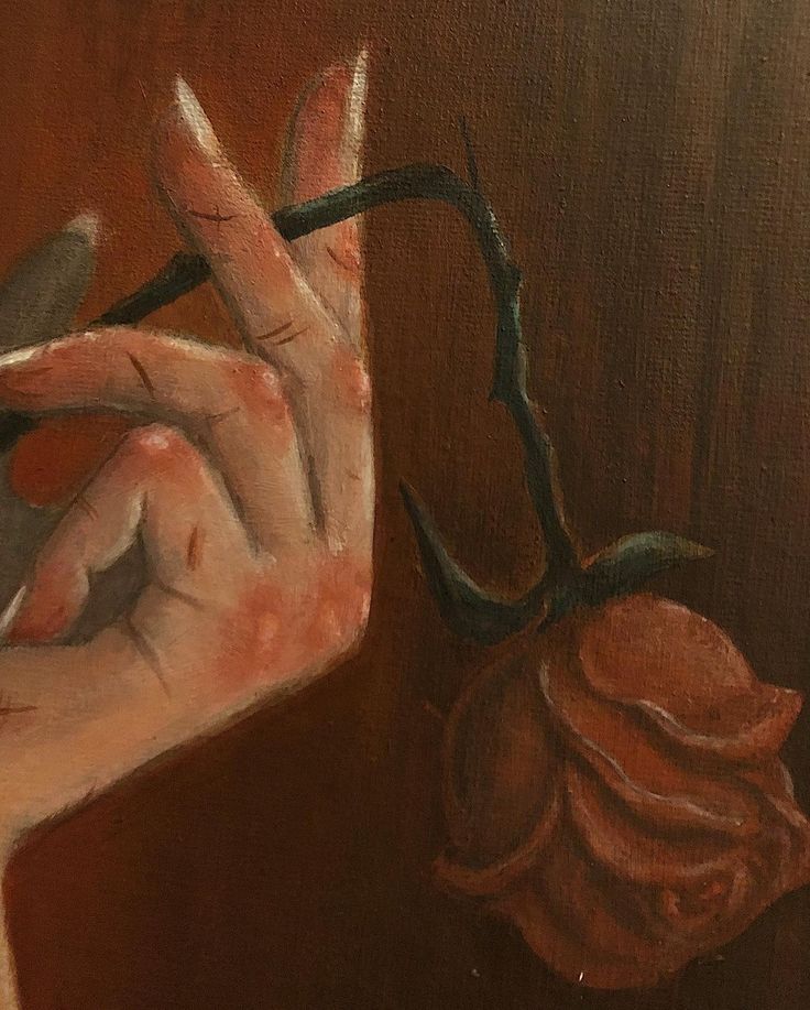 a painting of a hand holding a rose with the other hand reaching out to touch it