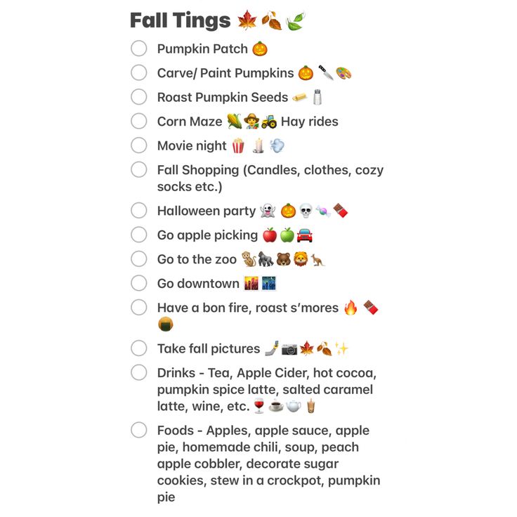 an image of fall things list with pumpkins and other things to do on it