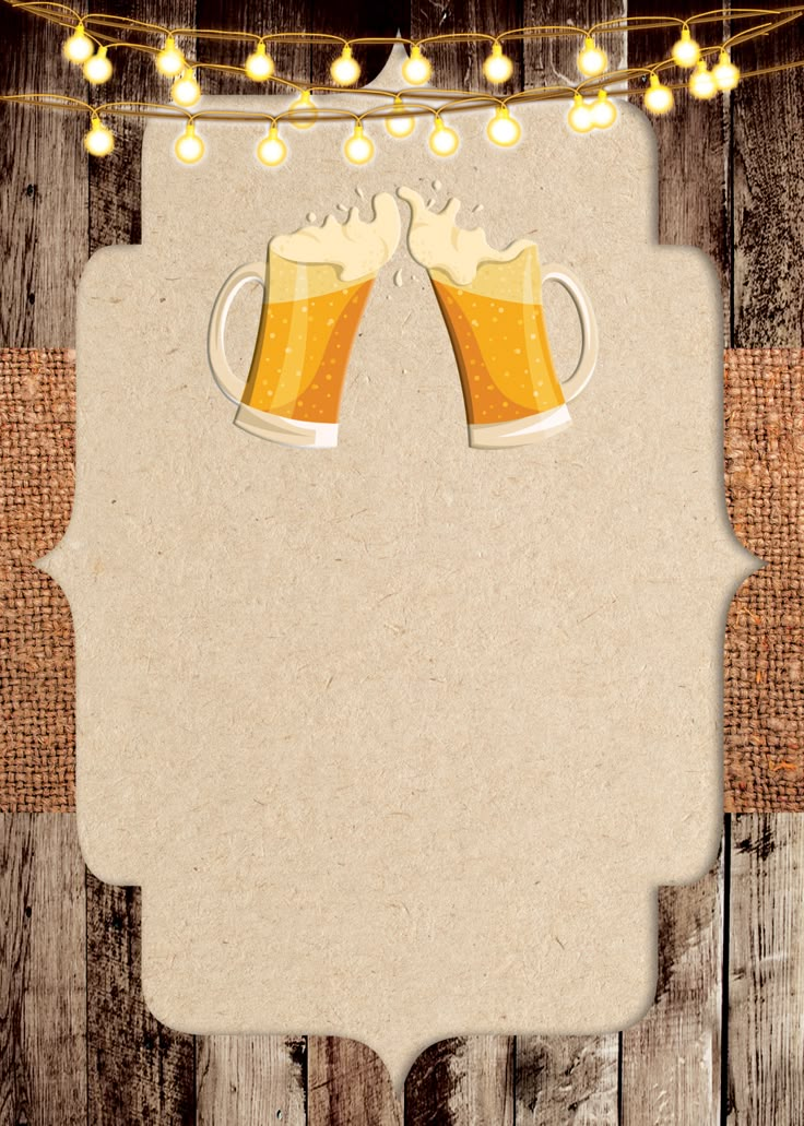 two mugs of beer sitting on top of a piece of paper with string lights