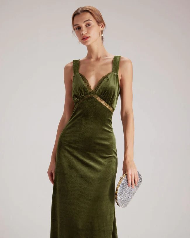 The Green V Neck Cutout Velvet Midi Dress & Reviews - Green - Dresses | RIHOAS Tailored Clothes, Velvet Midi Dress, Green Midi Dress, Lace Midi, Mini Velvet Dress, Lace Midi Dress, Midi Maxi Dress, Knit Sweater Dress, Sewing Dresses