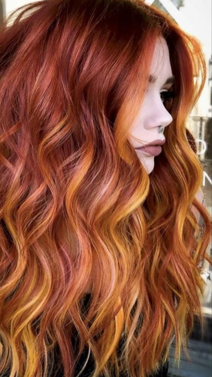 Copper Hair With Under Color, Ombre Hair Color For Redheads, Red Blonde Balayage Copper Fall Hair, Orange And Copper Hair, Creative Copper Hair, Red Orange Hair With Blonde Highlights, Peekaboo Hair Color Redhead, Red With Orange Highlights, Unique Dyed Hair Color Trends