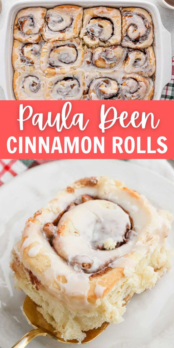 a cinnamon roll on a white plate with a gold spoon in front of it and the title overlay reads, paula peon cinnamon rolls