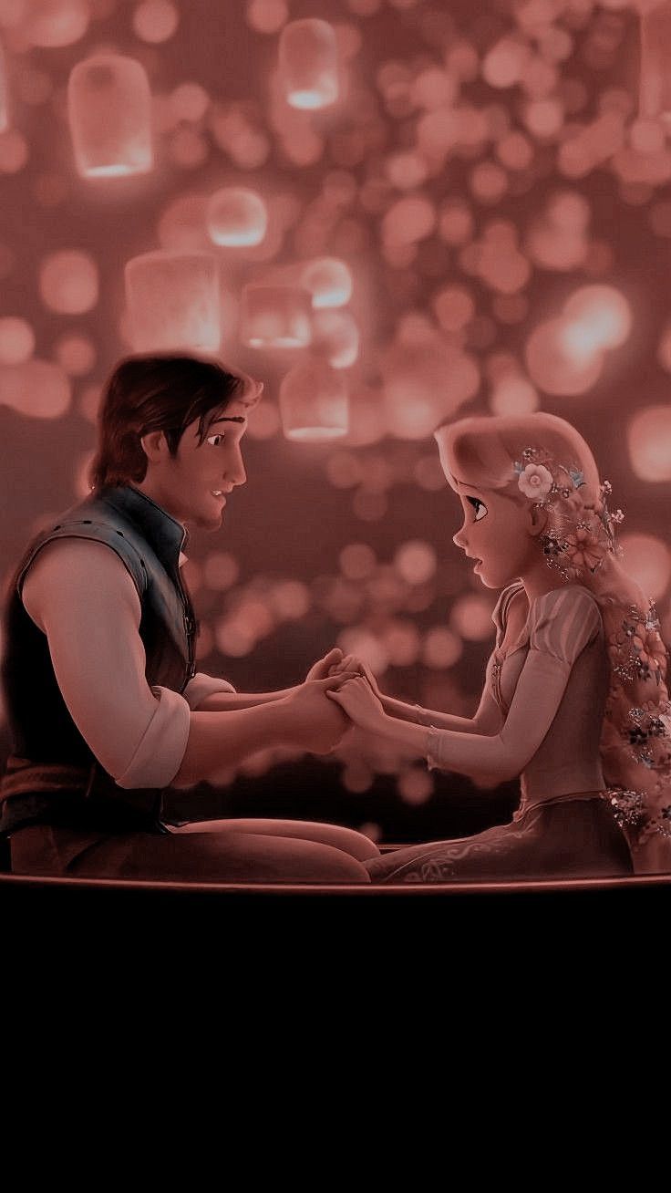 the princess and the frog are shaking hands in front of an image of lanterns flying above them