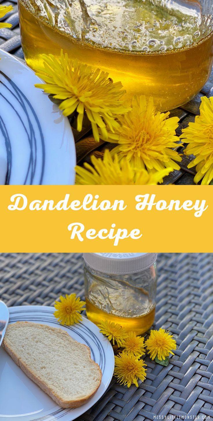 dandelion honey recipe with bread and flowers