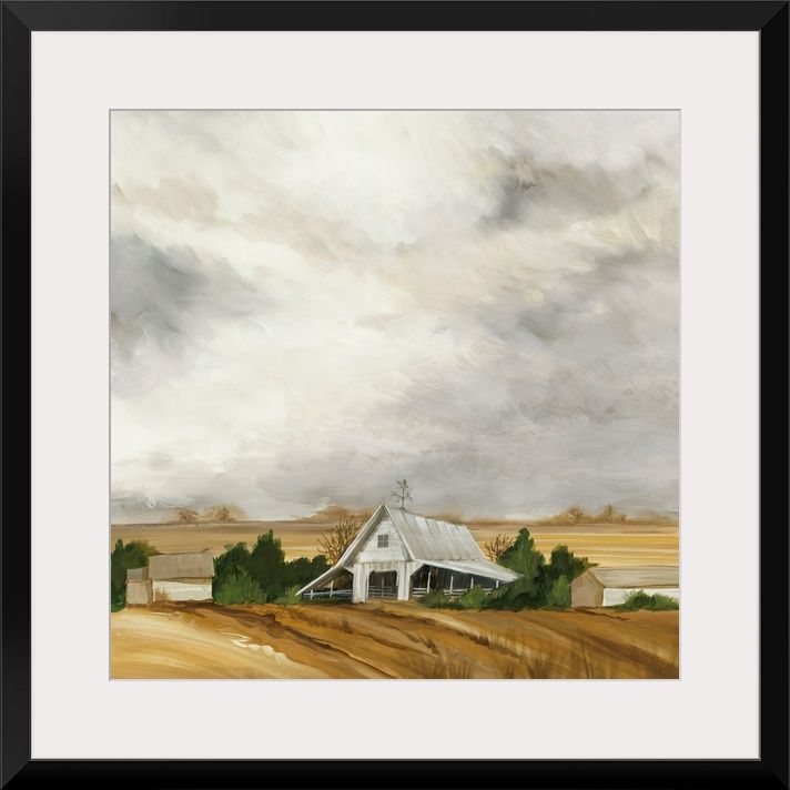 a painting of a farm house in the middle of a field with clouds above it