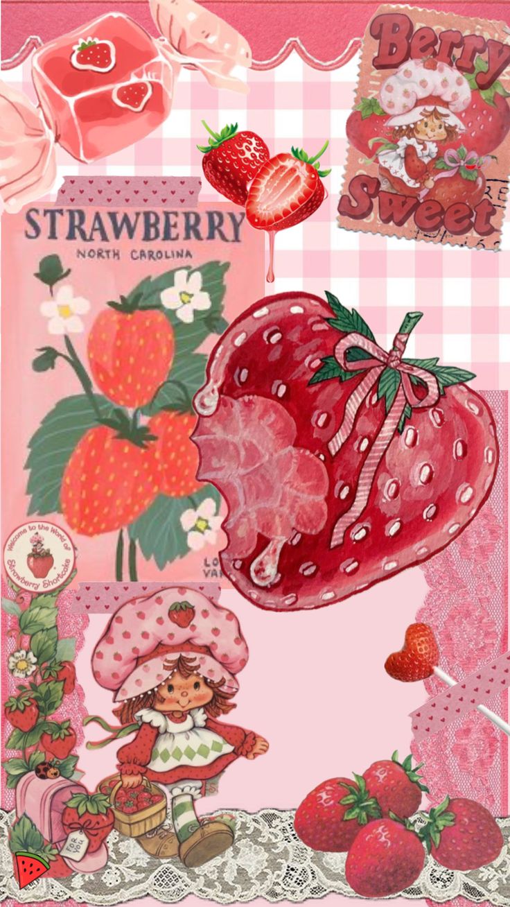 a strawberry is on the cover of a pink and white book with pictures of strawberries