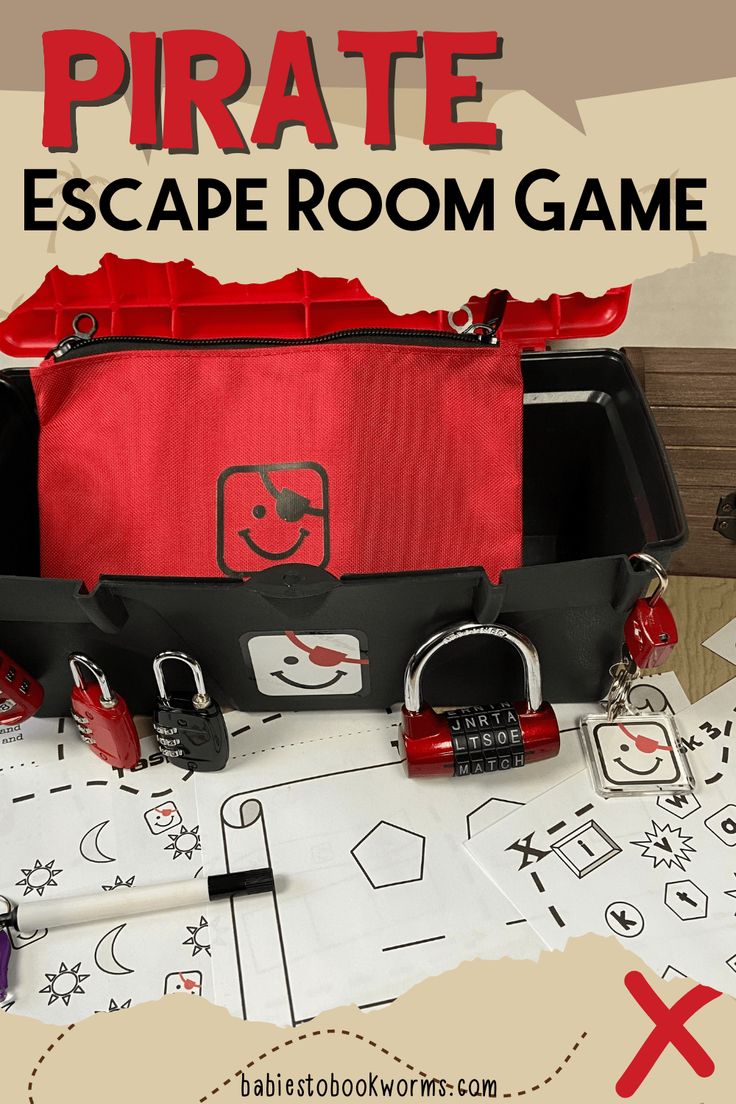 the pirate escape room game is on display with its contents and instructions to make it fun