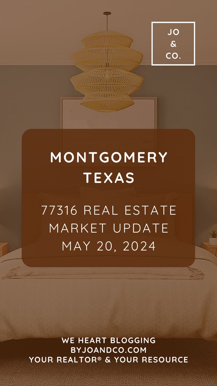 the real estate market update flyer for montgomery texas, may 20, 2021 with an image of a bed and chandelier