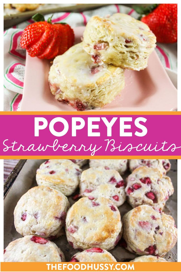 some strawberry muffins and strawberries on a pink plate with the words popyes strawberry