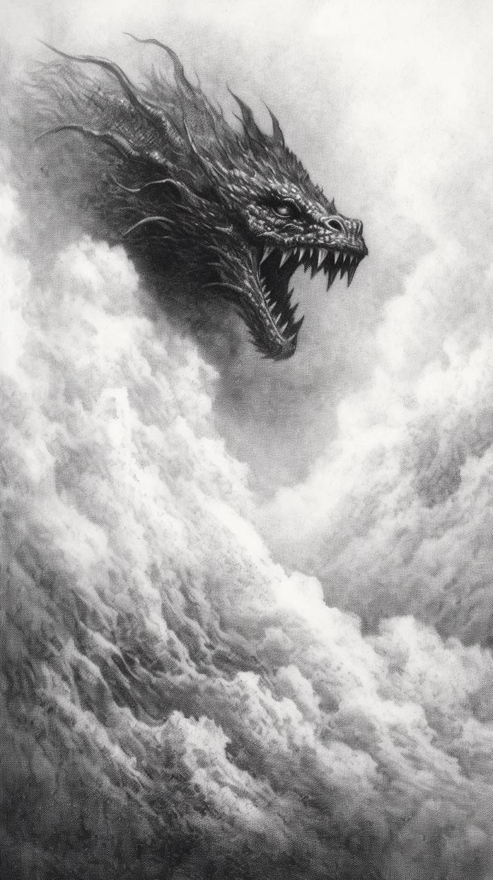 a black and white photo of a dragon in the clouds