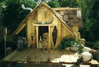 two dogs are standing in the dog house