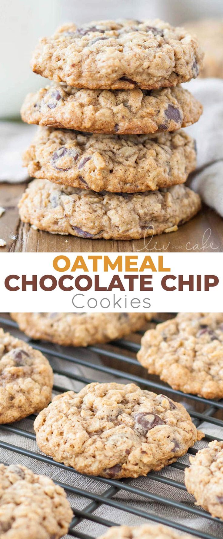 oatmeal chocolate chip cookies stacked on top of each other with text overlay