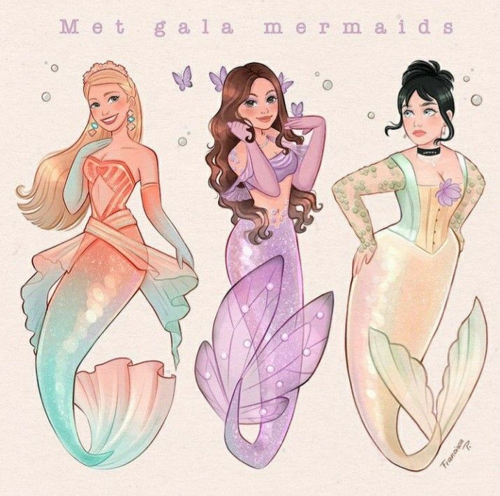 three mermaids are standing next to each other